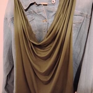 Doublju Khaki Drape Neck Blouse